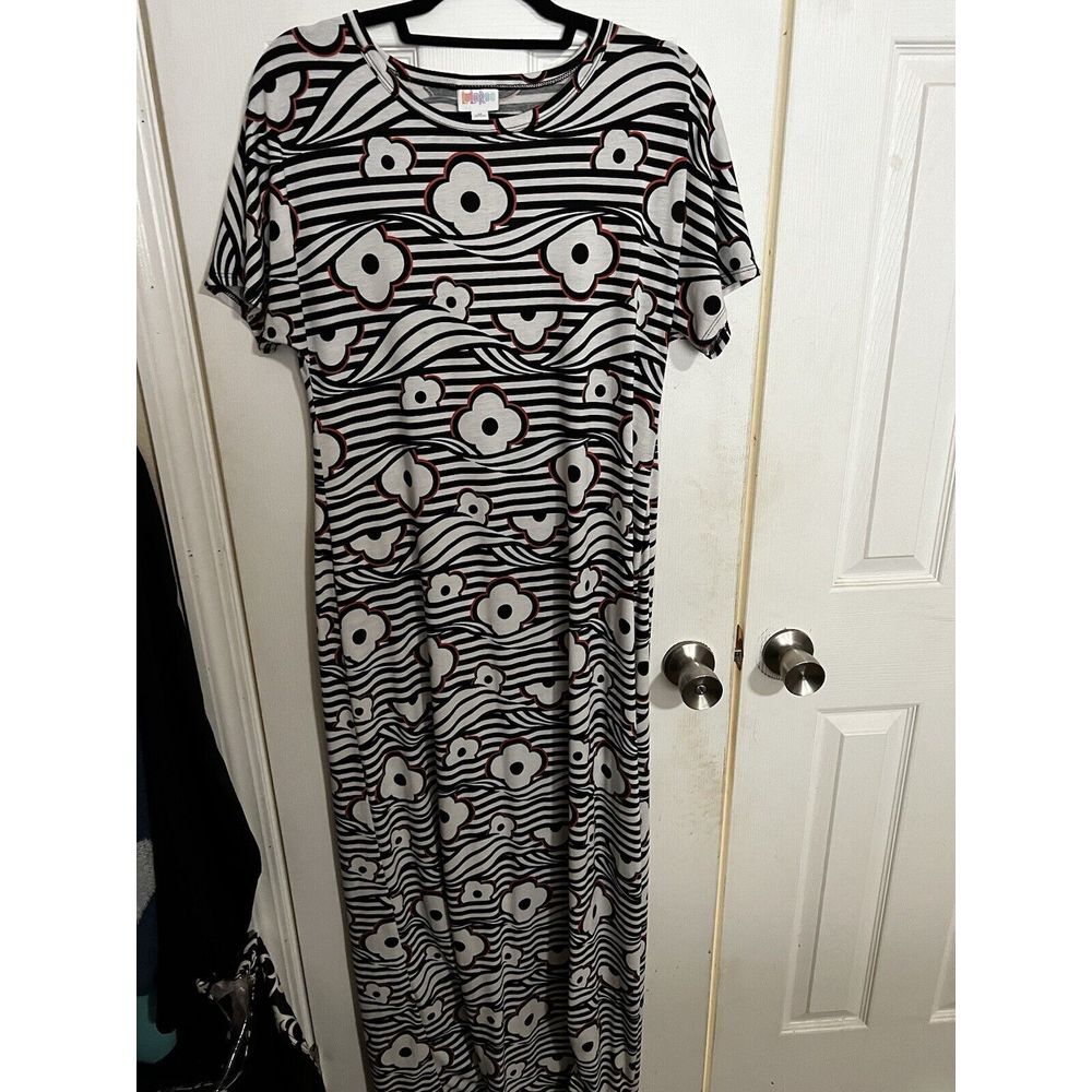 Lularoe Maria Dress Women Medium Maxi White Black Stripe Floral Long Dress